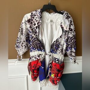 Lasagrada Red Blue White Floral Trench Coat w/Bold Pattern Lace Trim Size 44